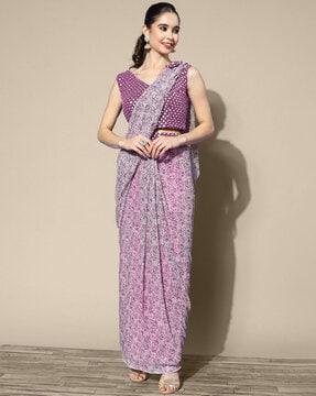 floral print pre-stitched saree with contrast border