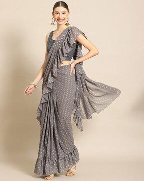 floral print pre-stitched saree with ruffled detail