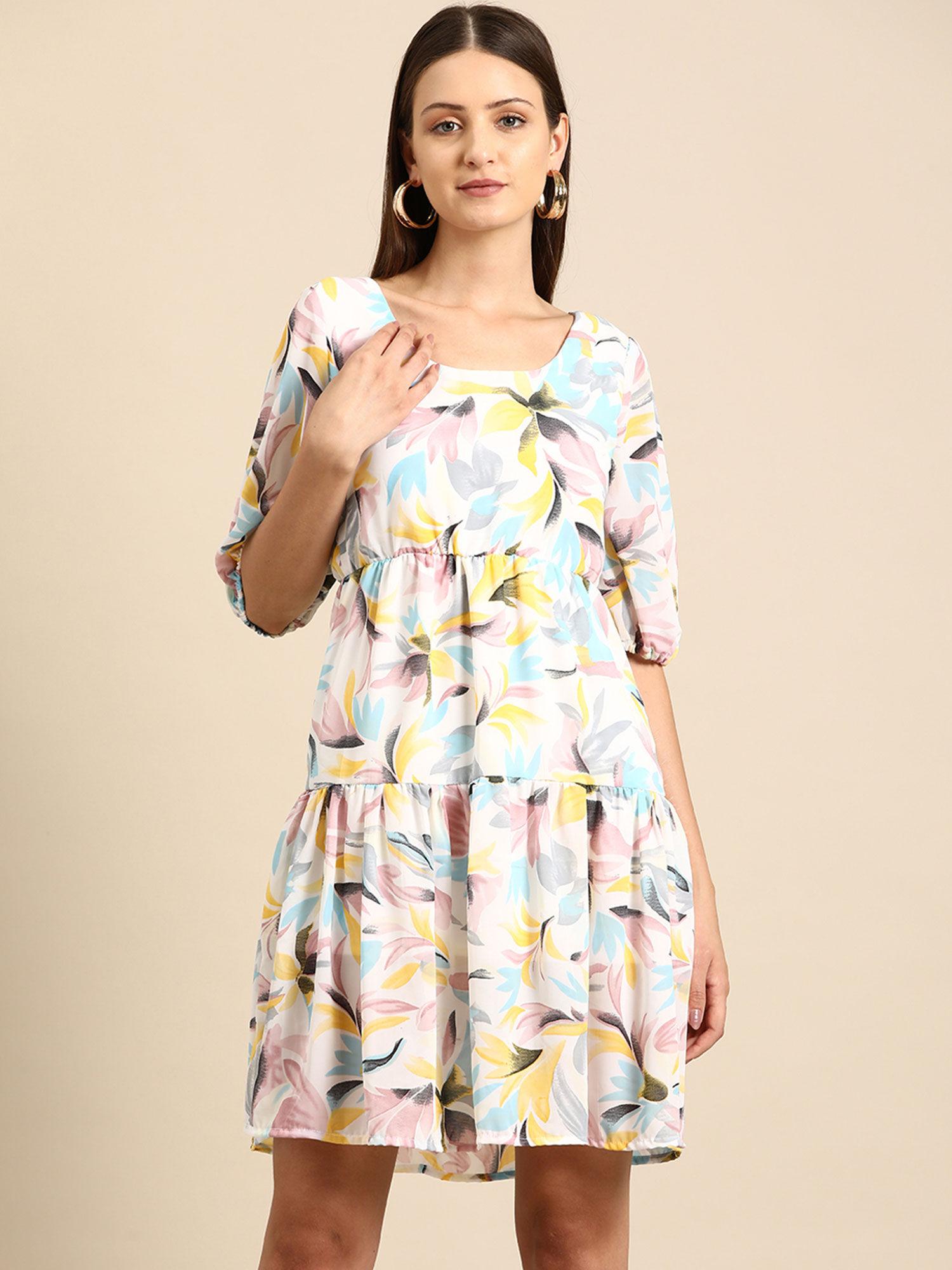 floral print puff sleeve crepe fit flare dress