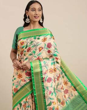 floral print raw silk saree