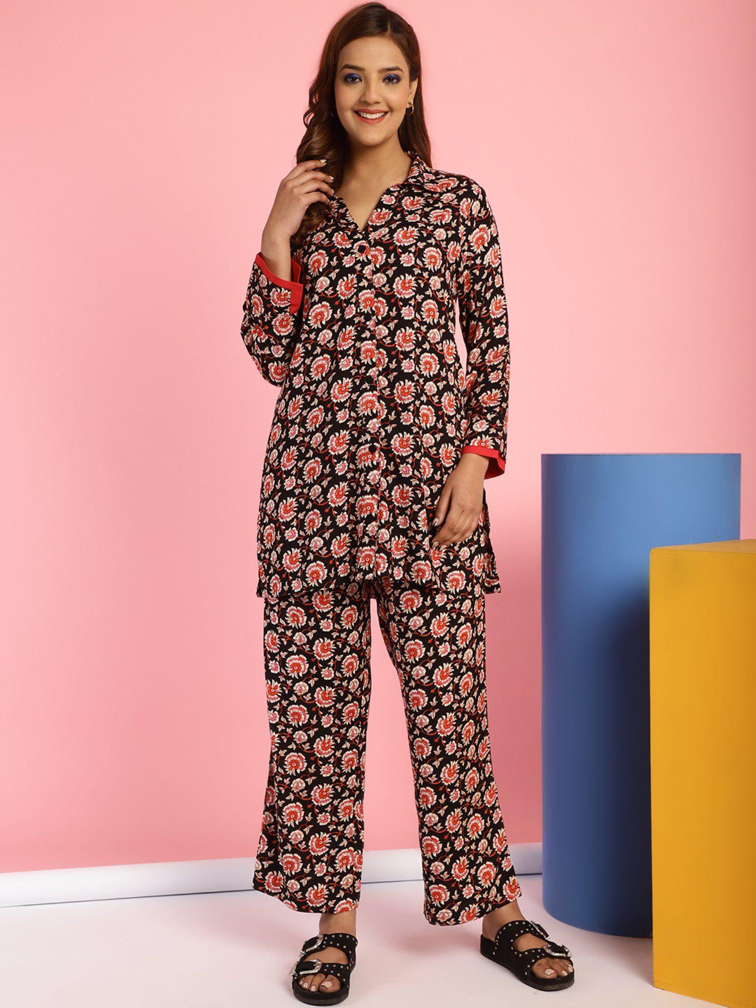 floral print rayon black shirt & pyjama (set of 2)