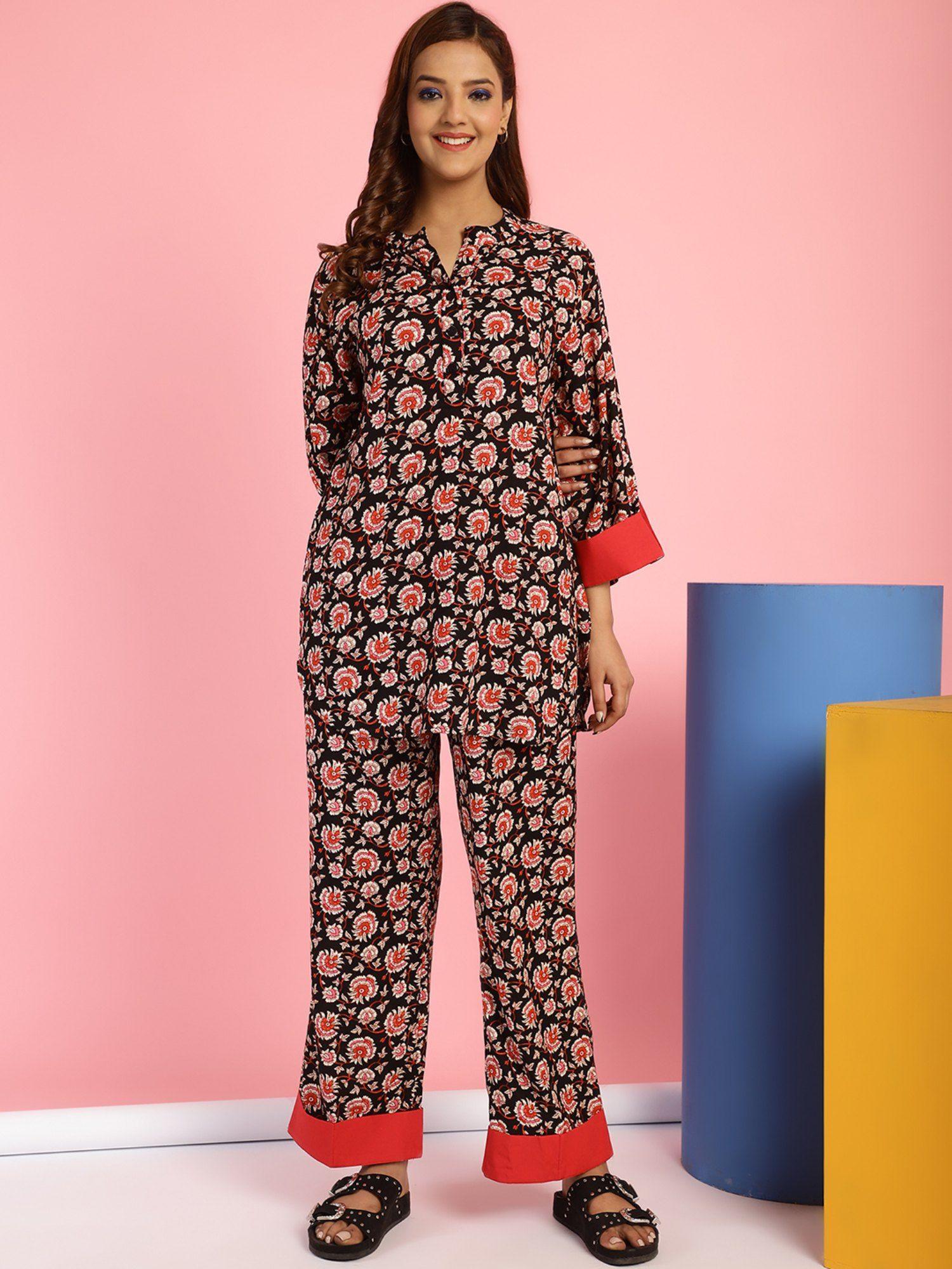 floral print rayon black top & pyjama (set of 2)