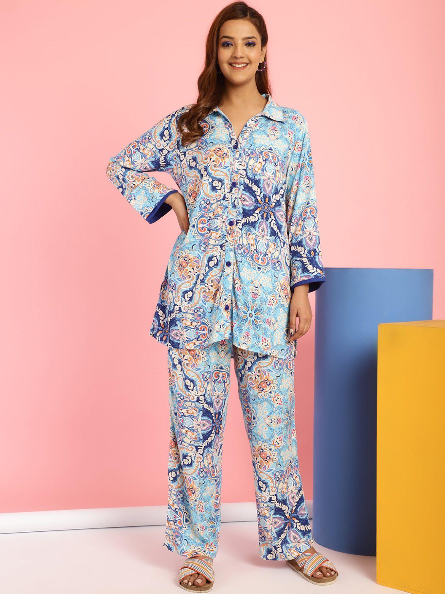 floral print rayon blue shirt & pyjama (set of 2)