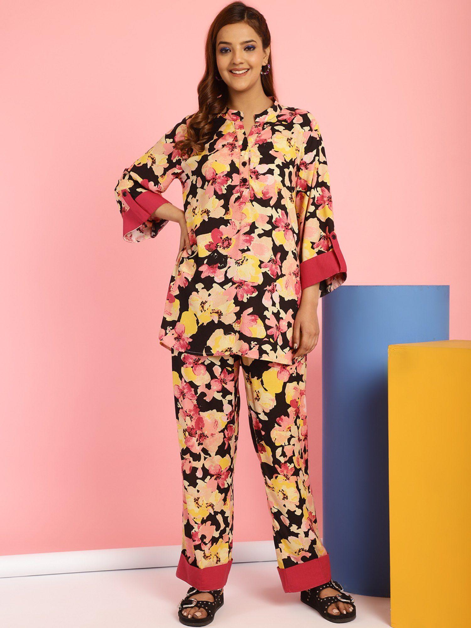 floral print rayon multi color top & pyjama (set of 2)