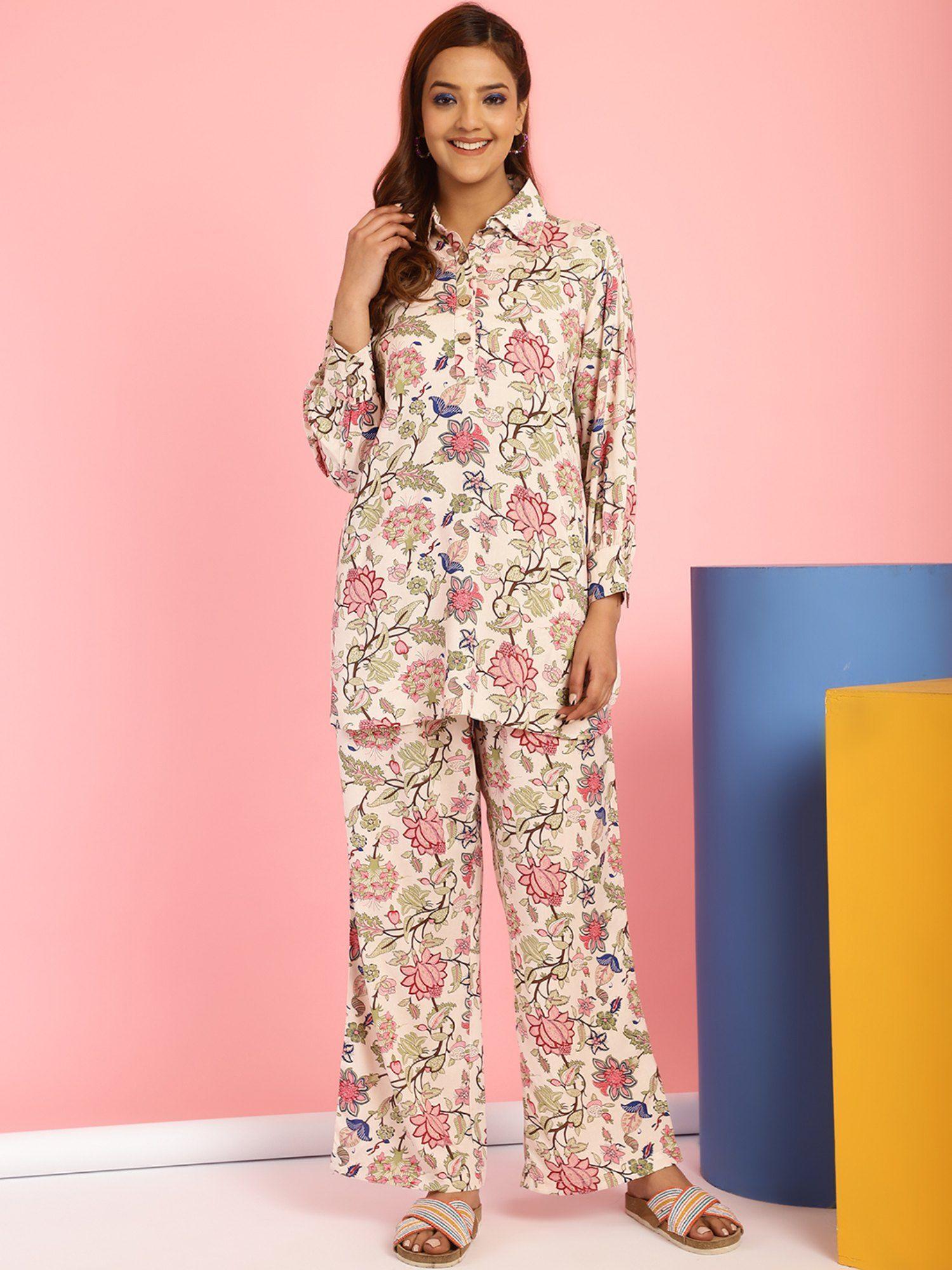 floral print rayon peach shirt & pyjama (set of 2)