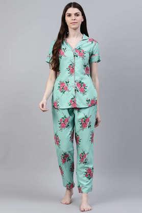 floral print rayon women's night suit set - green
