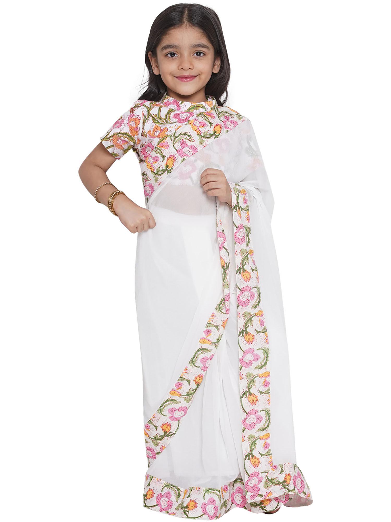 floral print ready to wear saree & floral blouse white (set of 2)