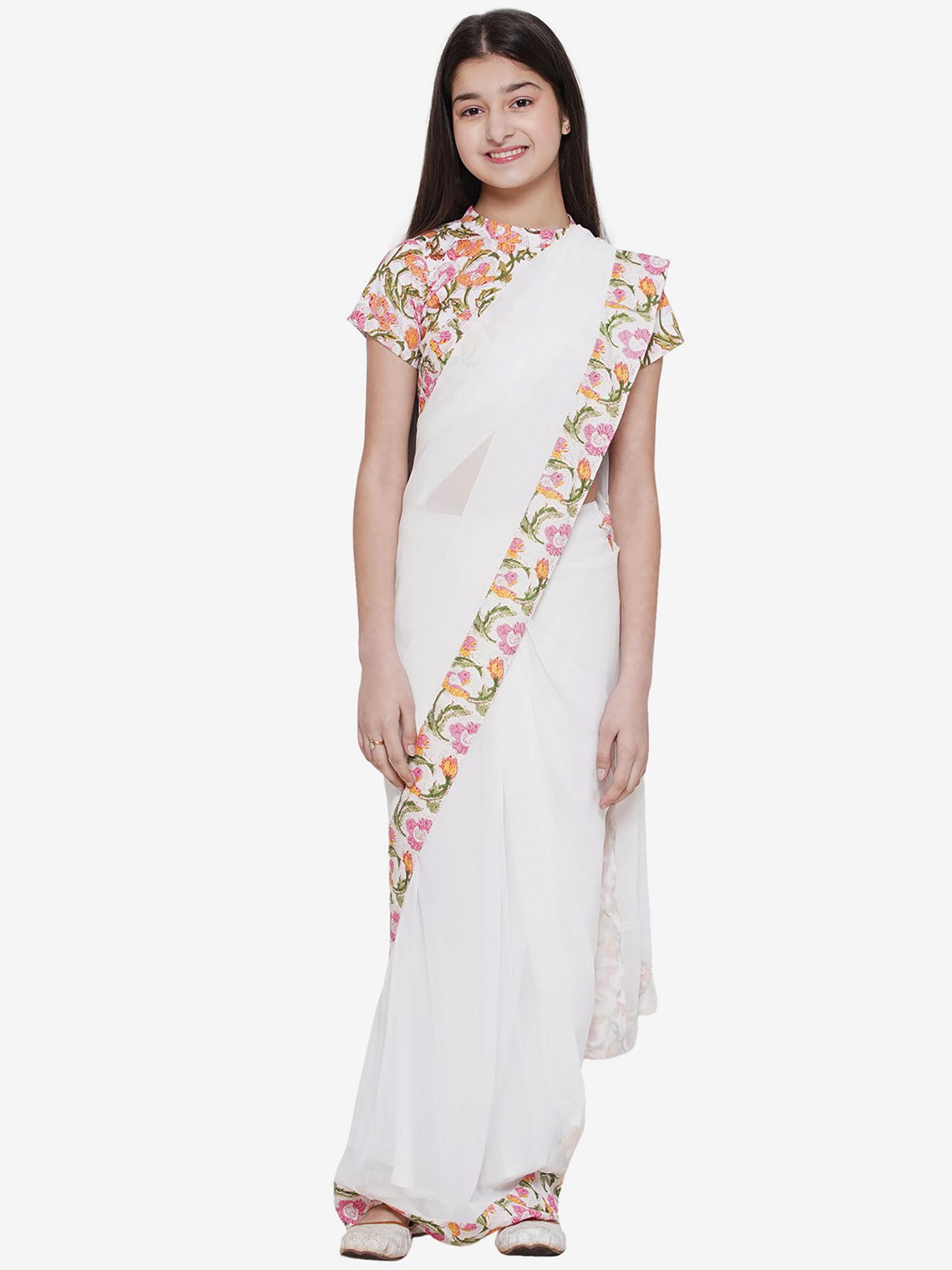 floral print ready to wear saree & floral blouse white (set of 2)