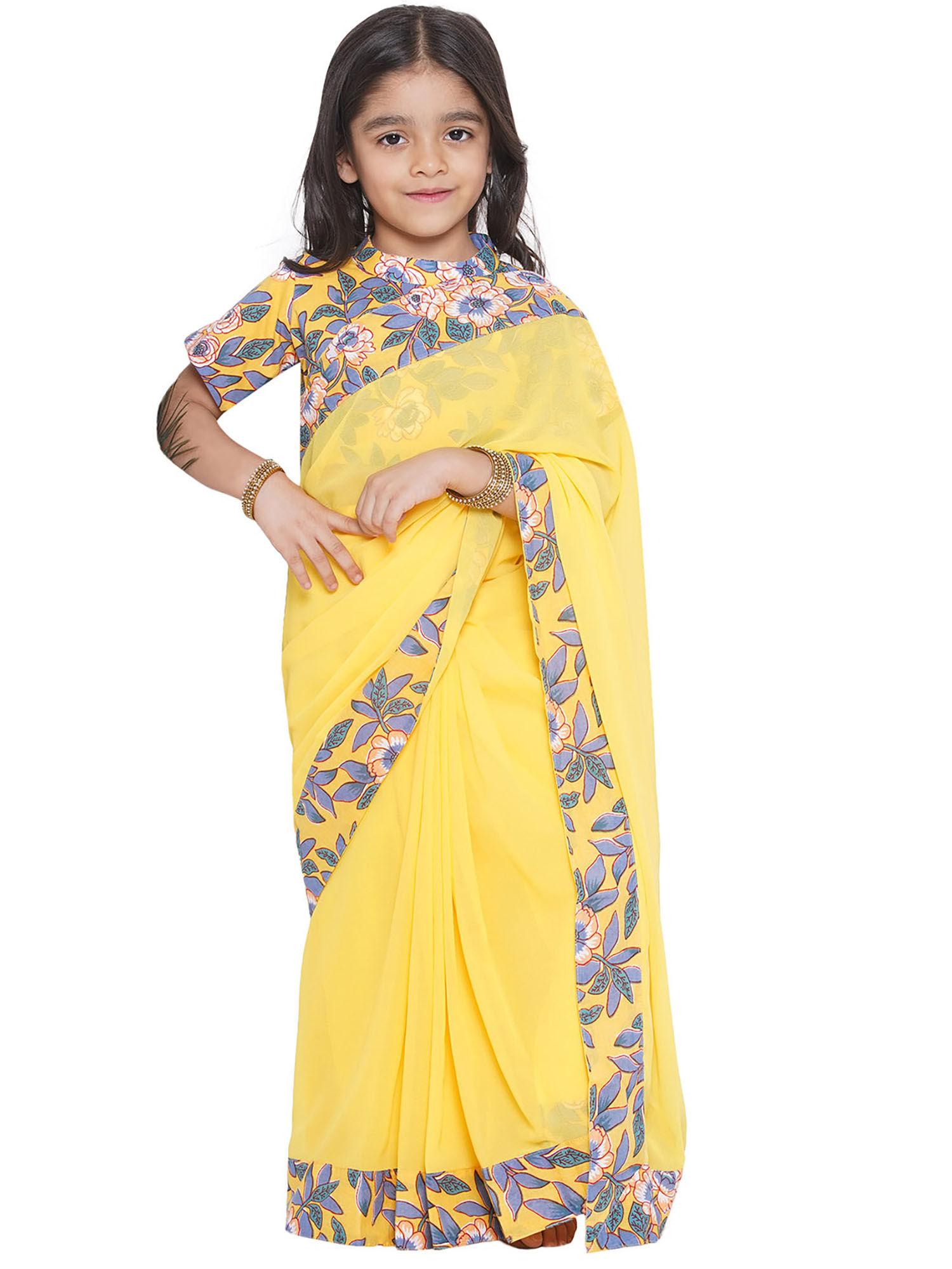 floral print ready to wear saree & floral blouse yellow (set of 2)