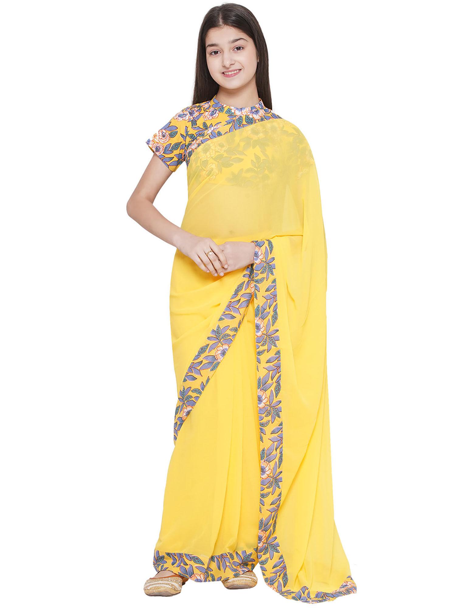 floral print ready to wear saree & floral blouse yellow (set of 2)