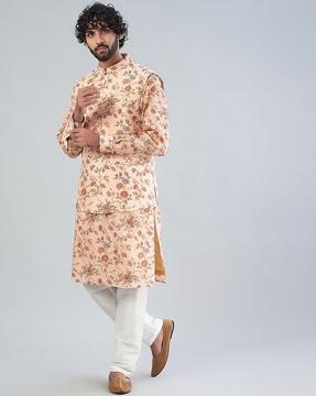 floral print regular fit kurta with churidar pants & bundi jacket