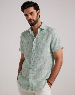 floral print regular fit linen shirt with patch pocket