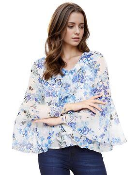 floral print relaxed fit top with ruffles overlay