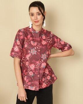 floral print relaxed top with mandarin neck