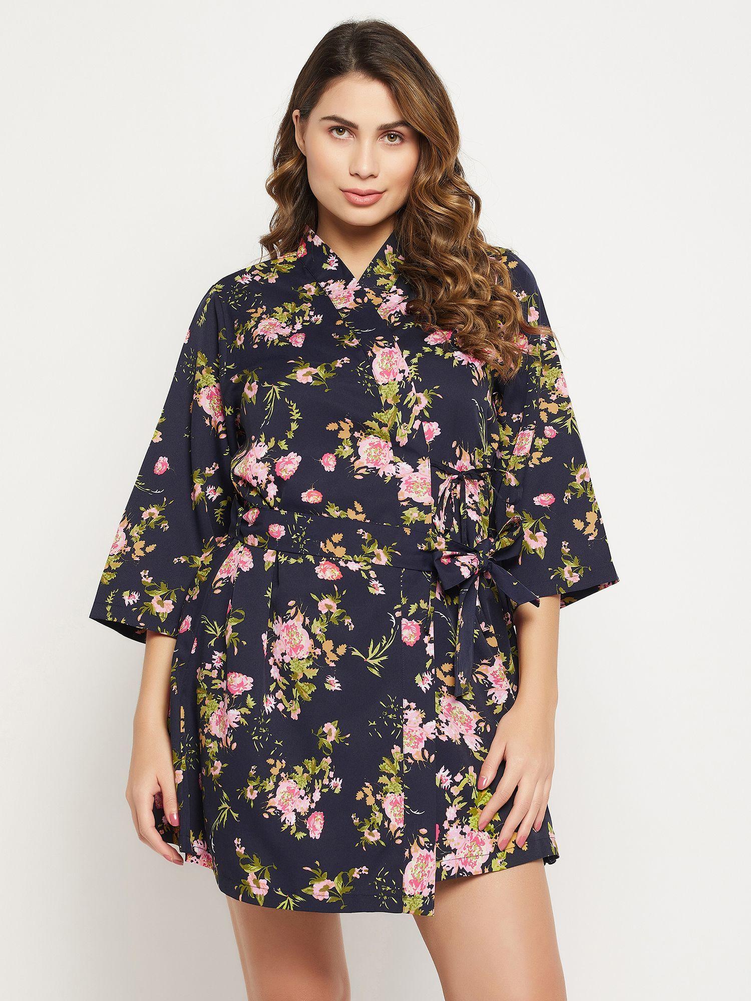 floral print robe in blue crepe