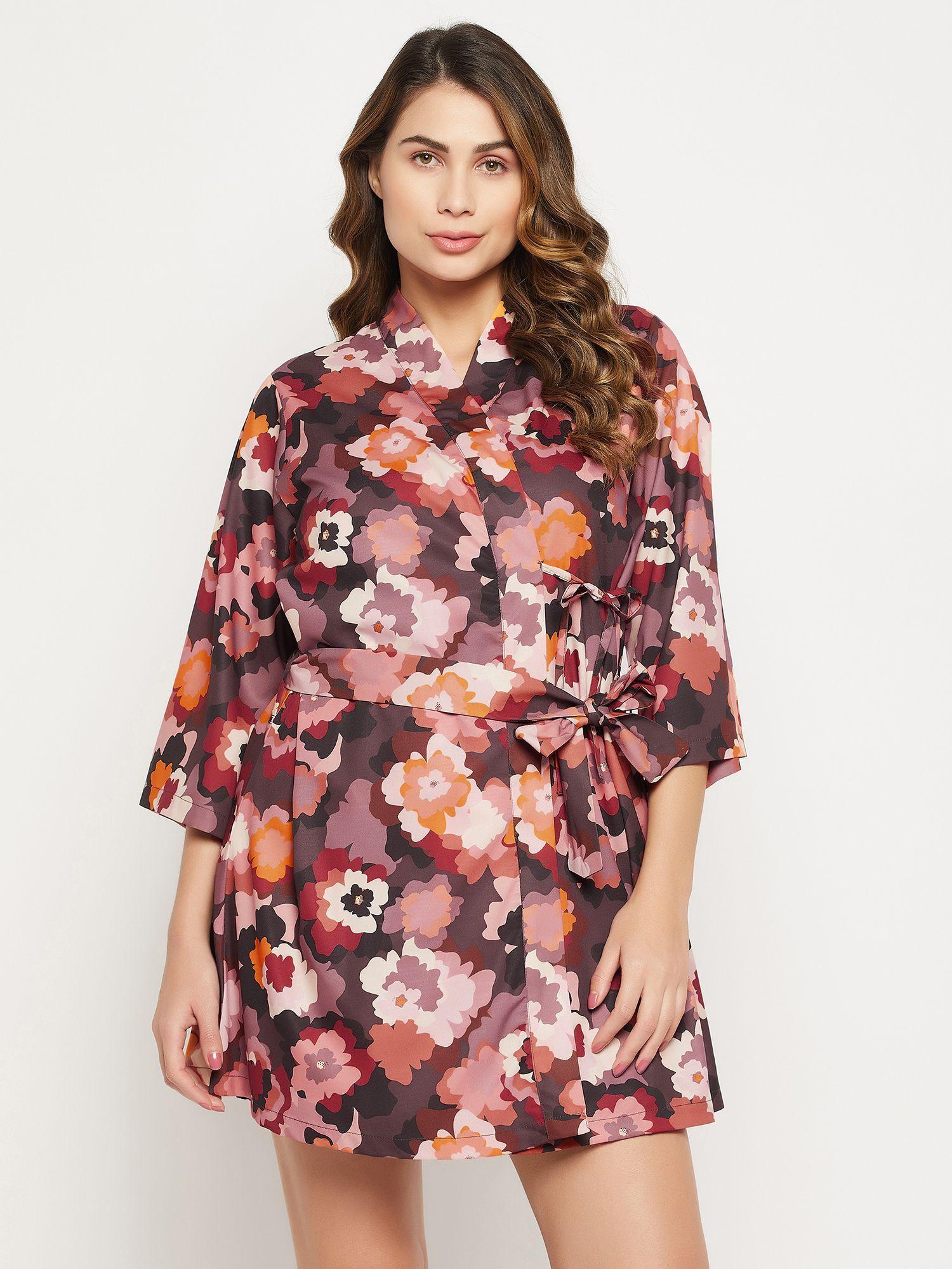 floral print robe in multicolour crepe