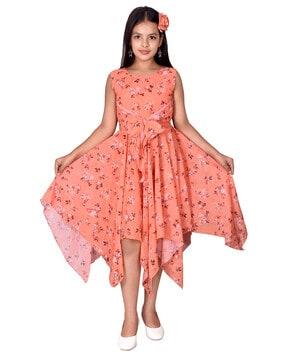 floral print round-neck a-line dress with bow and dipped hems