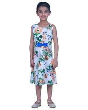 floral print round-neck a-line dress with bow