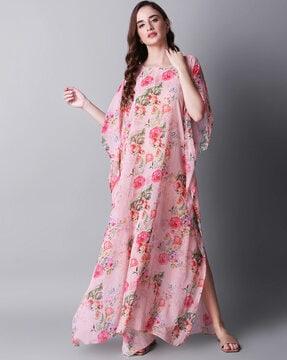 floral print round-neck a-line dress with kimono sleeves