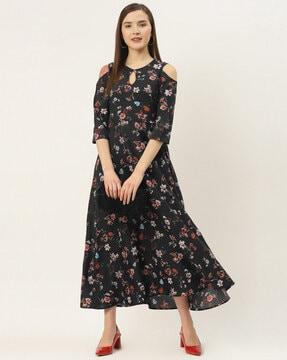 floral print round neck a-line dress