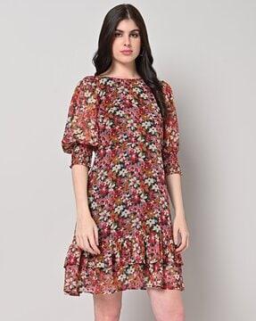 floral print round-neck a-line dress