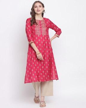 floral print round-neck a-line kurta