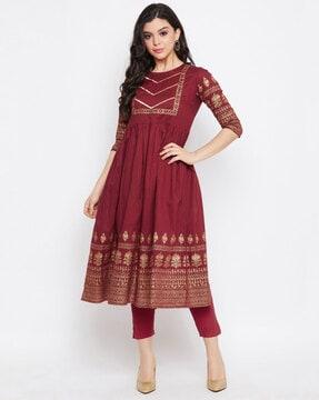 floral print round neck a-line kurta