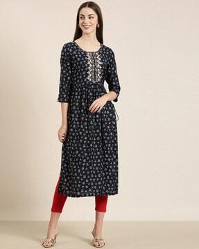 floral print round-neck a-line kurta