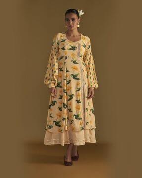 floral print round-neck a-line kurta