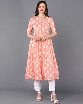 floral print round-neck a-line kurta