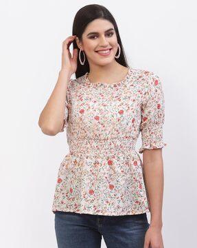 floral print round-neck blouson top