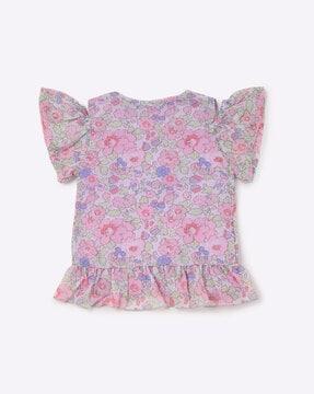 floral print round-neck cold-shoulder twofer top