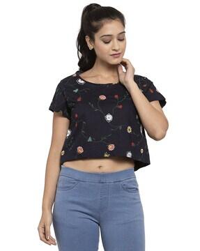 floral print round-neck crop top