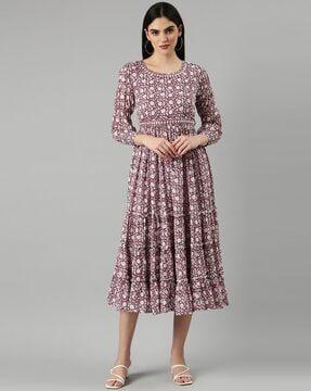 floral print round-neck fit & flare dress with belt