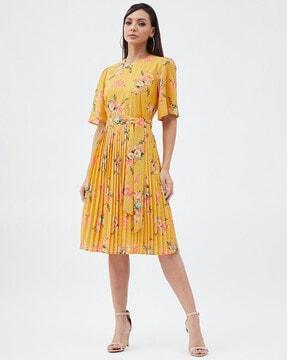 floral print round-neck fit and flare dress