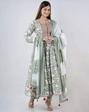 floral print round-neck flared kurta set