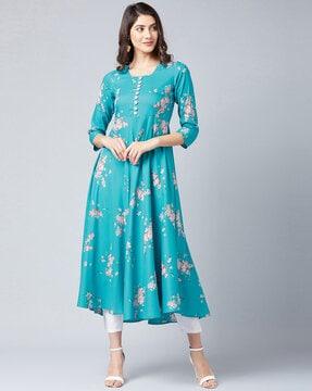 floral print round-neck flared kurta