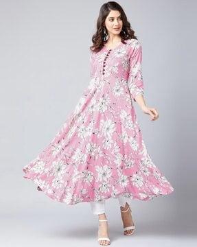 floral print round-neck flared kurta