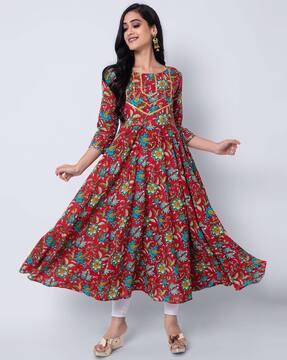 floral print round-neck flared kurta