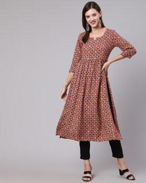 floral print round-neck flared kurta