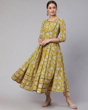 floral print round-neck flared kurta