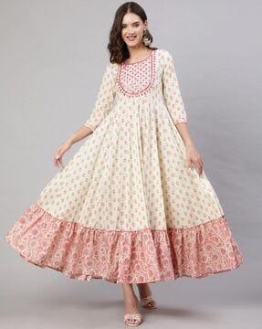 floral print round-neck flared kurta