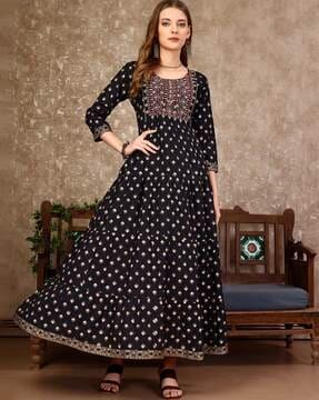 floral print round-neck flared kurta