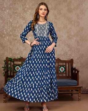 floral print round-neck flared kurta