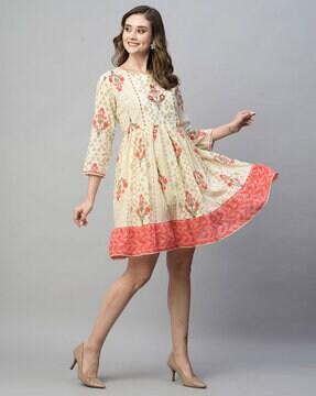 floral print round-neck flared tunic