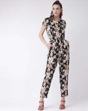 floral print round-neck jumpsuit with insert pockets