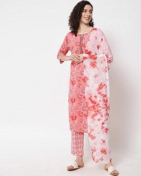 floral print round-neck kurta suit set