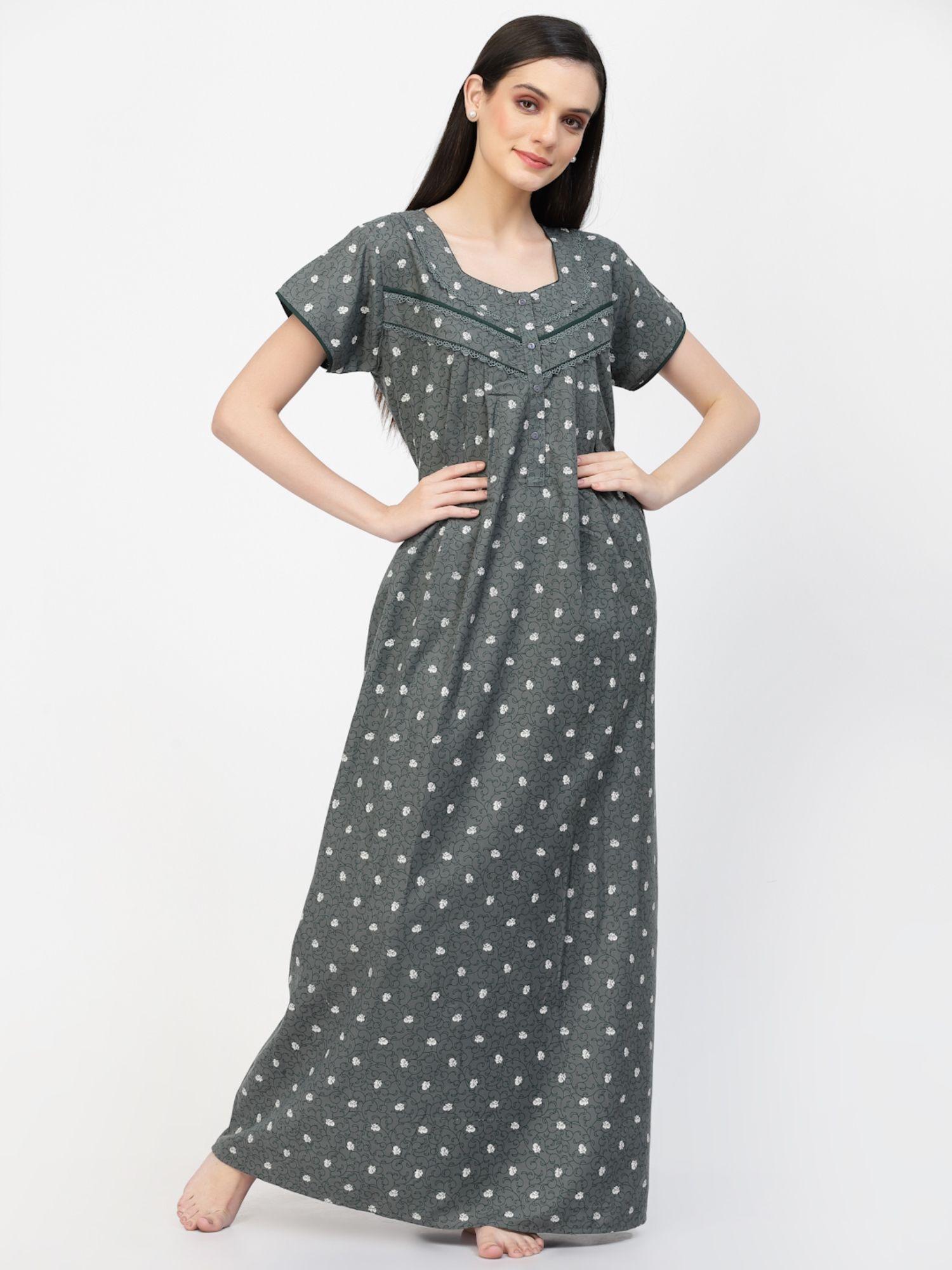 floral print round neck regular length pure cotton nightdress - green