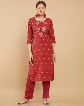 floral print round neck straight kurta set