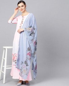 floral print round-neck straight kurta set